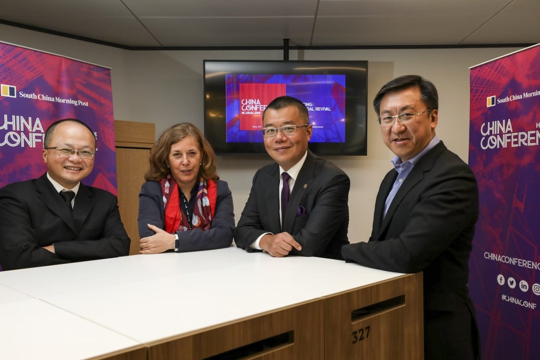 (From left) Post China news editor William Zheng is joined by panellists Alicia Garci­a Herrero, chief economist for Asia-Pacific at Natixis; Professor Witman Hung, managing director of Qianhai International Liaison Services; and Michael Kwok, chair of Arup East Asia at the second day of the Post’s China Conference. Photo: Xiaomei Chen