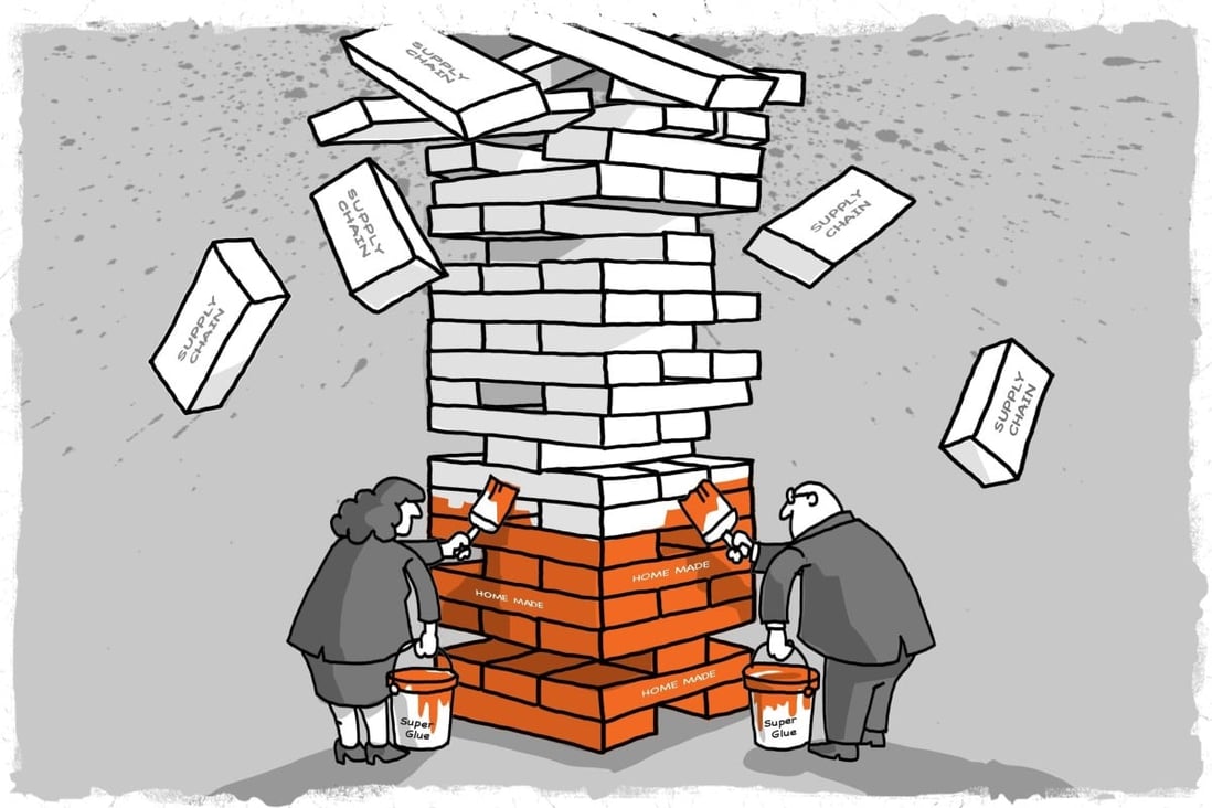 Ongoing decentralisation of manufacturing bases from China to other countries may accelerate, but China’s role in the global supply chain is too big to be replaced, say analysts. Illustration: SCMP