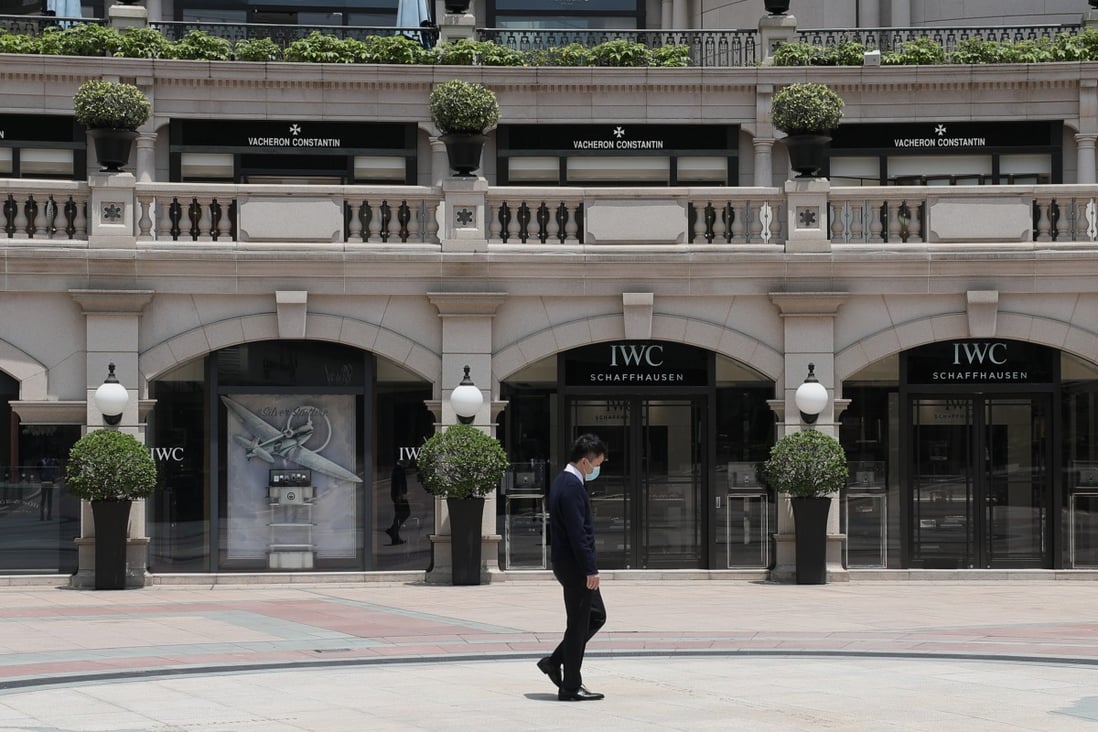 Shoppers are noticeably absent from the luxury brand stores at Hong Kong’s 1881 Heritage in Tsim Sha Tsui, a Chinese tourist hotspot, amid the coronavirus outbreak in April. Photo: Nora Tam