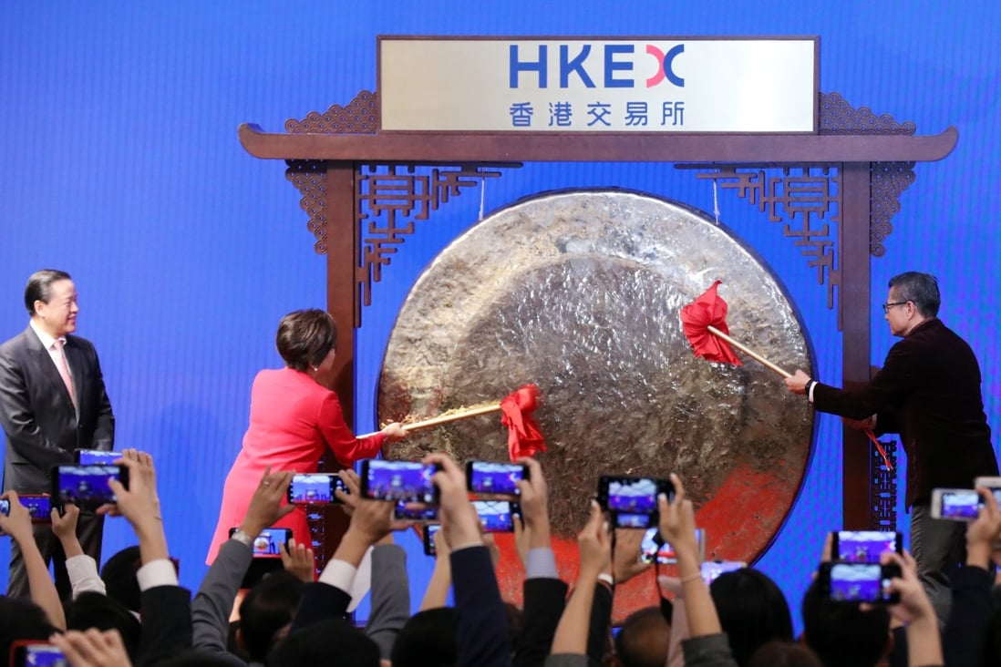 Hong Kong Exchanges and Clearing (HKEx) Chairperson Laura Cha Shih May-lung (left); Hong Kong Financial Secretary Paul Chan Mo-po (right) striking the ceremonial gong on the first trading day of the Lunar New Year on the city’s stock exchange on 8 February 2019. Photo: Felix Wong