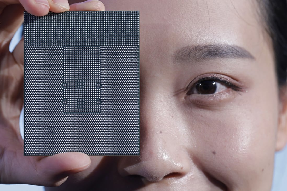 Huawei Technologies’ Kunpeng 920, a chip designed by subsidiary HiSilicon for data centres and cloud computing gear, is displayed during an unveiling ceremony at the company’s headquarters in Shenzhen in January of last year. Photo: AP