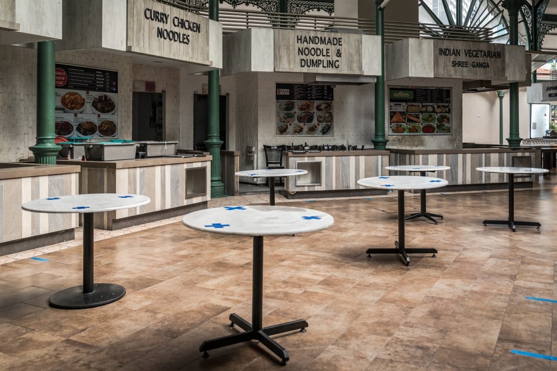 Singapore’s Lau Pa Sat hawker centre is empty of customers during the country’s “circuit breaker” lockdown. Many small businesses have received government-backed loans, leading to concerns that they may default as the Covid-19 pandemic drags on. Photo: Bloomberg