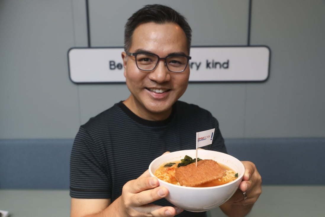 Green Monday founder David Yeung with a bowl of instant noodles with OmniPork Luncheon and kimchi. Photo: K.Y. Cheng