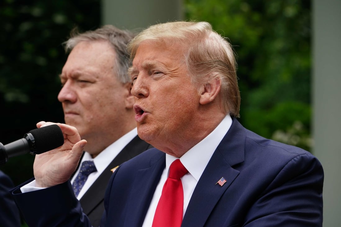 US President Donald Trump, with Secretary of State Mike Pompeo, during the briefing on China on Friday in the Rose Garden at the White House. Photo: AFP