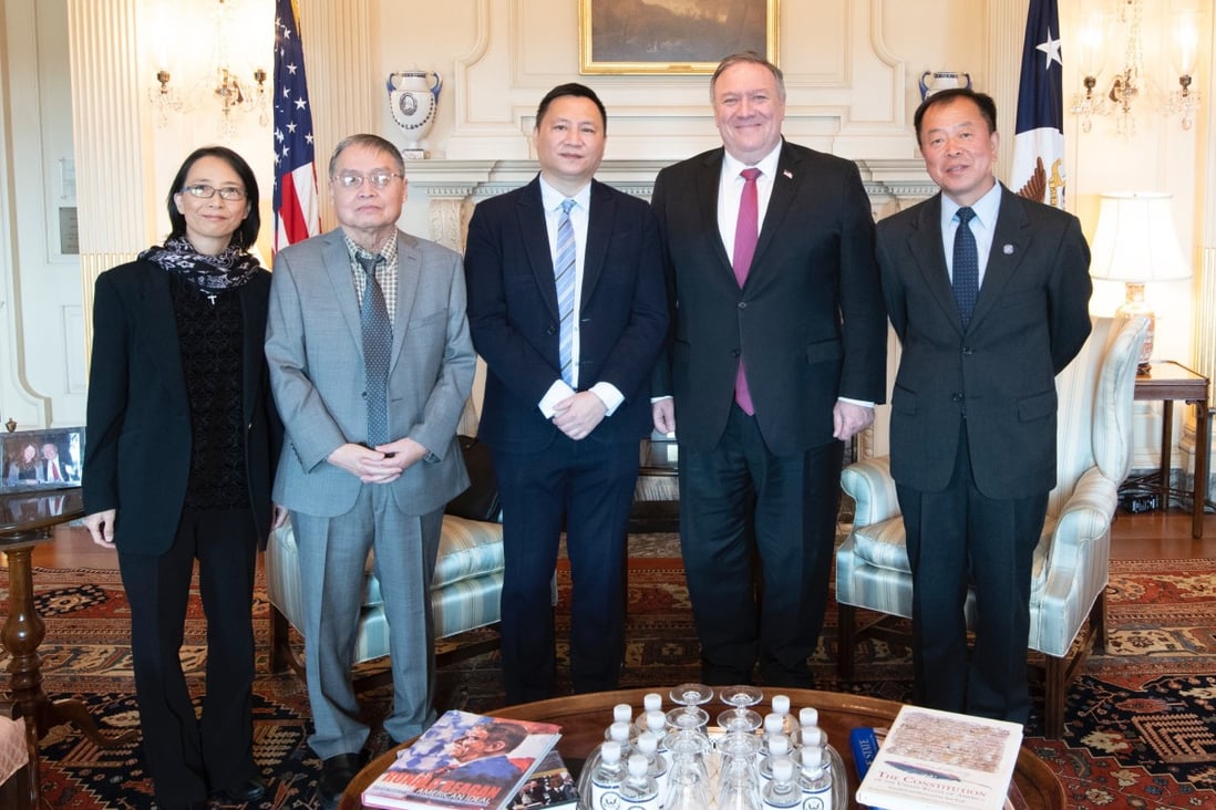 US Secretary of State Michael Pompeo meets with survivors of the Tiananmen Square crackdown on Tuesday in Washington. From left, Liane Lee, Su Xiaokang, Wang Dan, Pompeo and Henry Li. Photo: Twitter