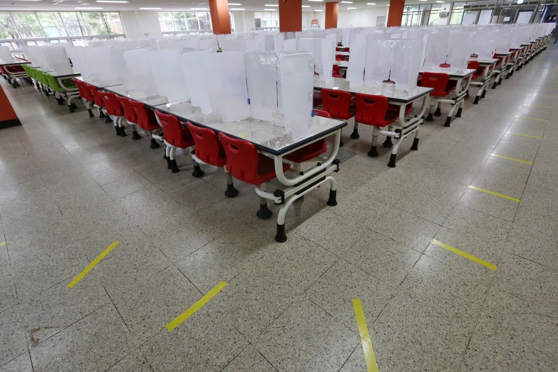 Empty desks at an elementary school in Seoul. South Korean schools have opened up, but many students haven’t returned. Photo: EPA