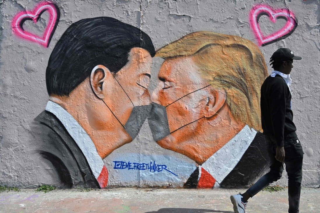 A mural in Berlin of Presidents Xi Jinping and Donald Trump. No matter how they view one another, Washington and Beijing need each other to shore up the global economic outlook and foster a recovery. Photo: AFP