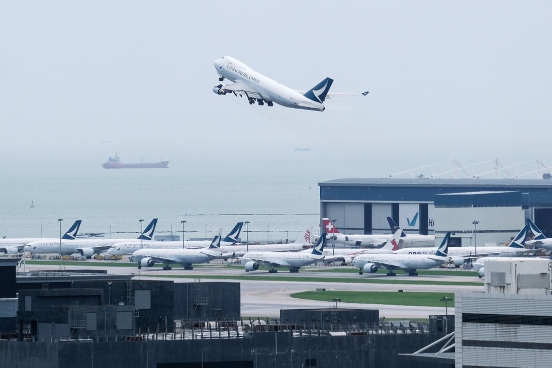 A cargo aircraft operated by Cathay Pacific Airways takes off from Hong Kong International Airport on June 9. Cathay Pacific became the latest global carrier to seek a lifeline in the aftermath of Covid-19 travel restrictions, outlining a plan to raise HK$39 billion ($5 billion) from the Hong Kong government and shareholders after months of warnings about the frailty of its business. Photo: Bloomberg