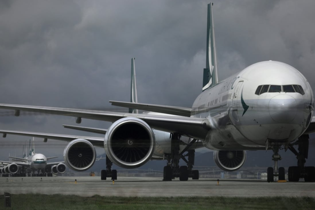 Cathay Pacific planes are grounded at Hong Kong airport on June 9. The Hong Kong government has offered a bailout package worth US$5 billion in loans and equity to stabilise the struggling airline. Photo: Sam Tsang