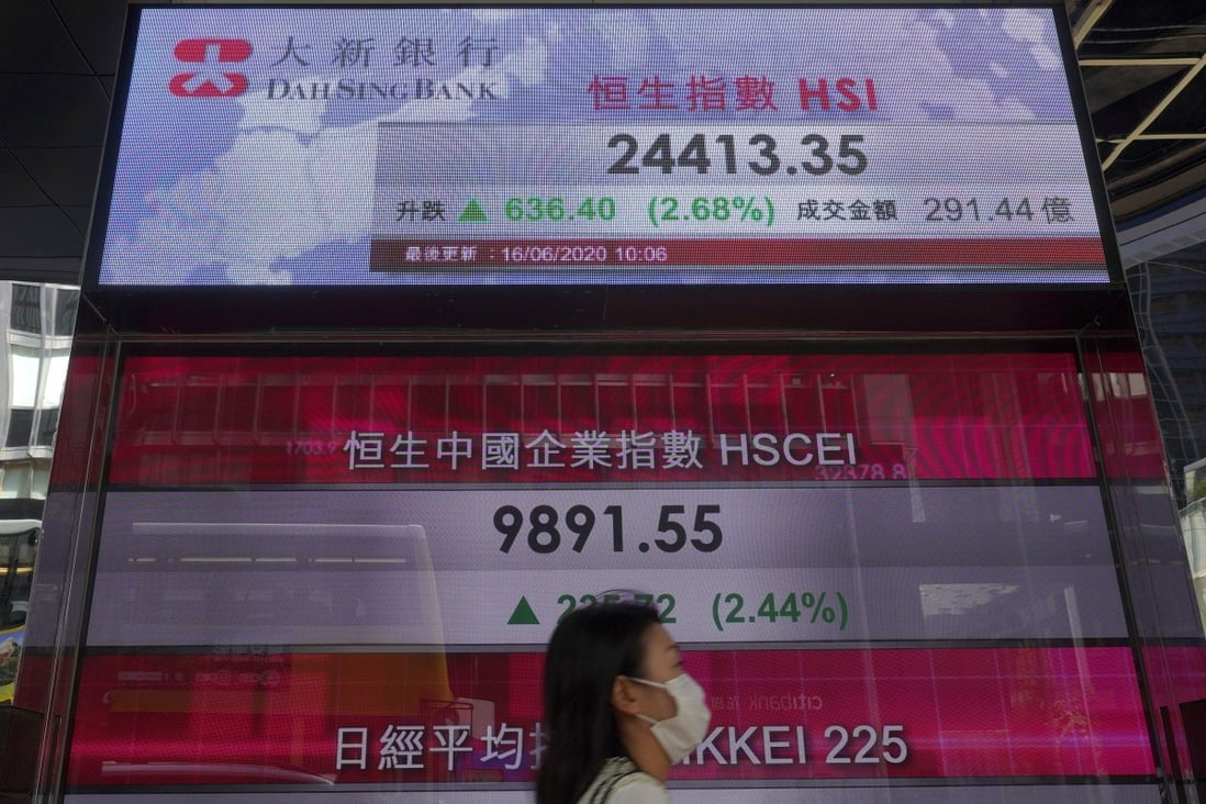 A woman wearing a face mask walks past a bank electronic board showing the Hong Kong share index at the Hong Kong stock exchange. Photo: Associated Press
