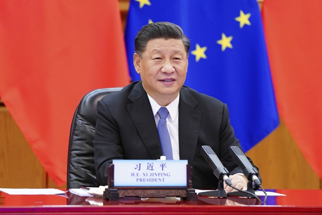 Chinese President Xi Jinping meets with European Council President Charles Michel and European Commission President Ursula von der Leyen via video link in Beijing on Monday. Photo: Xinhua