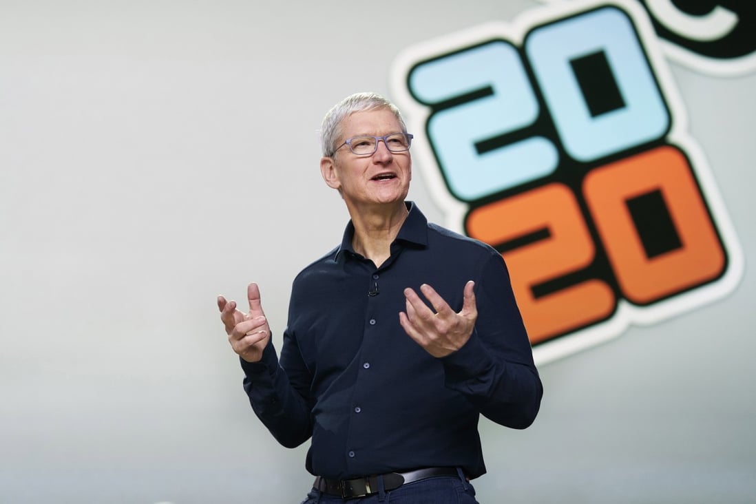 Apple chief executive Tim Cook delivers the keynote address during the 2020 Apple Worldwide Developers Conference at the Steve Jobs Theatre in Cupertino, California, on June 22. Photo: EPA-EFE