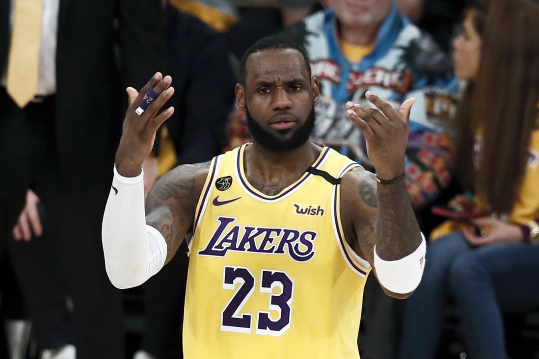 Los Angeles Lakers forward LeBron James reacts during a match against the Portland Trail Blazers in January. Photo: EPA