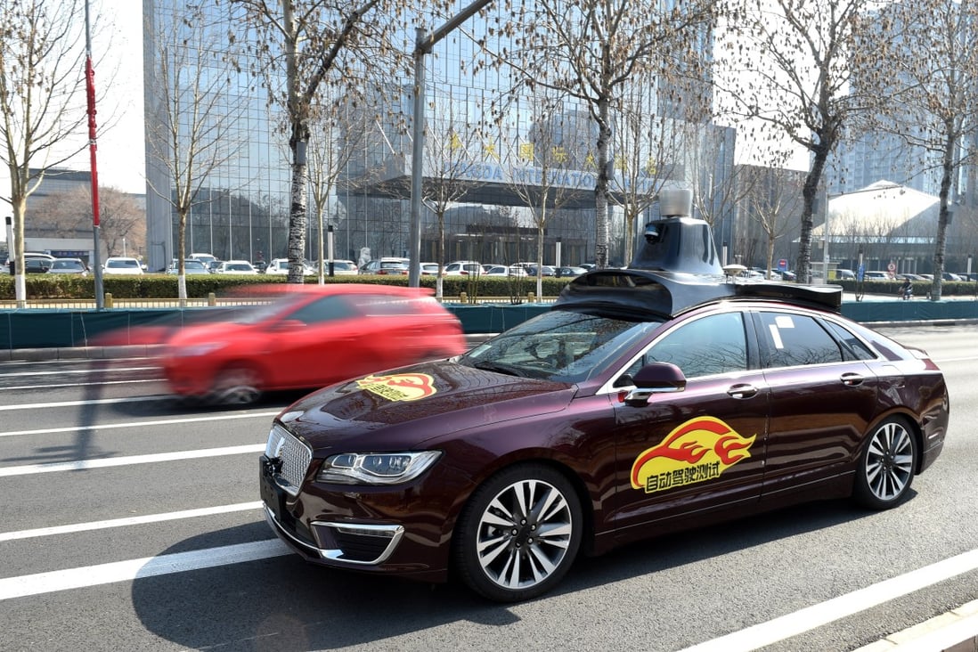 A self-driving car operated by Baidu is seen on a public road test in Beijing on March 22, 2018. Baidu, together with Ford Motor Co, invested US$150 million in autonomous vehicle sensor maker Velodyne Lidar in 2016. Photo: Xinhua