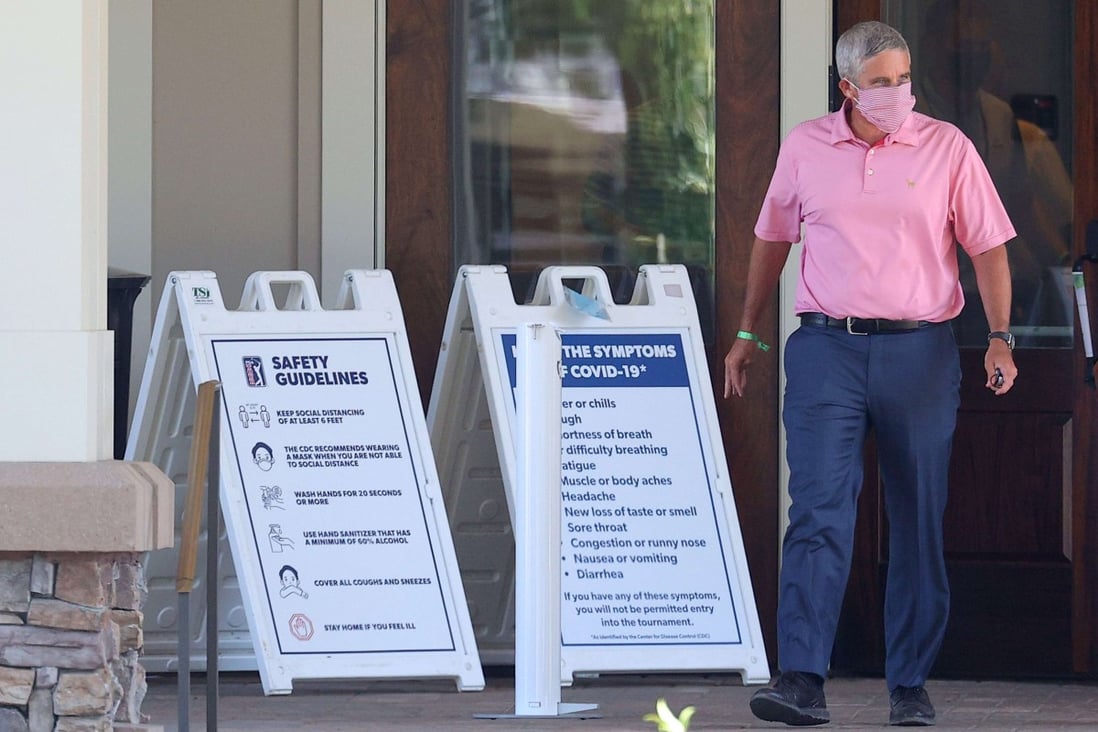 PGA Tour commissioner Jay Monahan leaves the clubhouse after a virtual press conference during a practice round for the Travelers Championship. Photo: AFP
