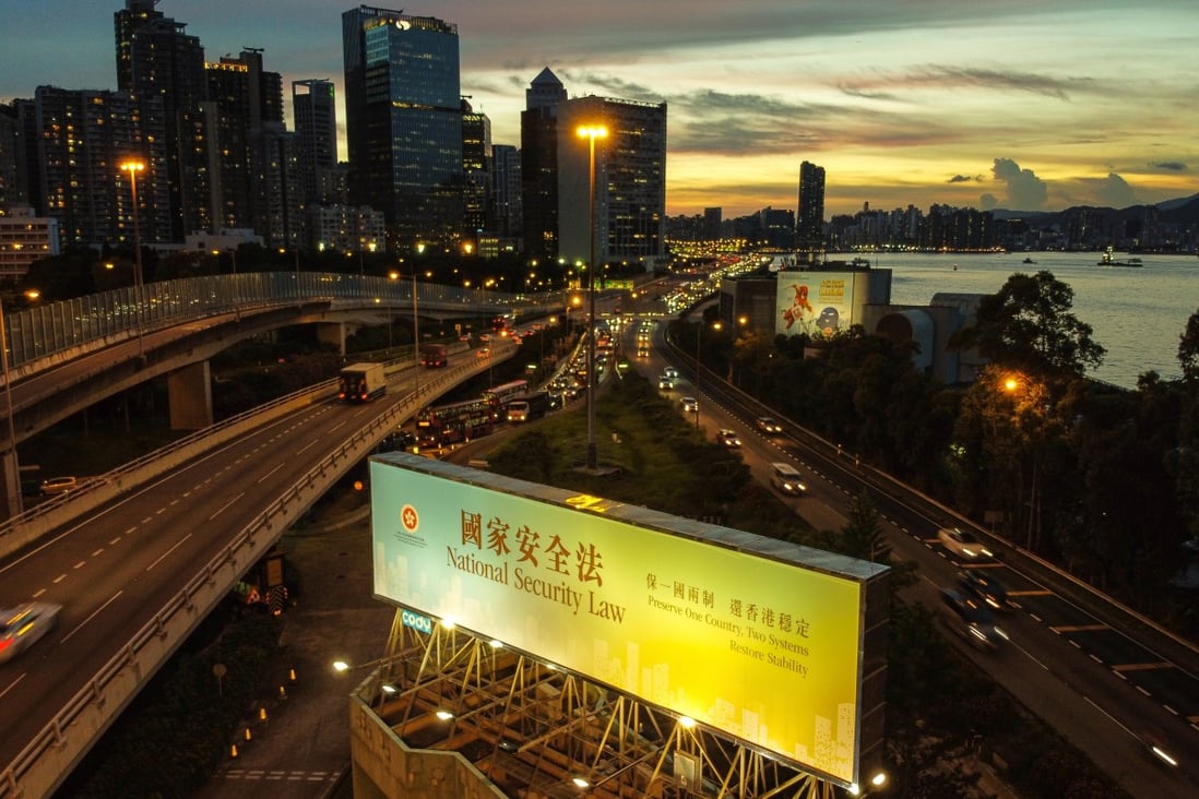 A large banner promoting the national security law in Hong Kong’s Quarry Bay. Photo: Sun Yeung