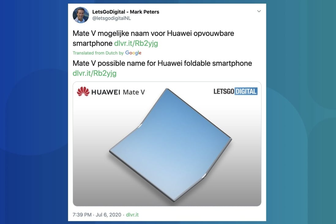 A render of what might be an upcoming Huawei foldable smartphone with a display that folds inward, unlike previous foldables from the company. Screenshot: LetsGoDigital/Twitter