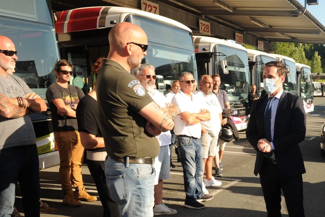 Bus drivers meet French Junior Transport Minister Jean-Baptise Djebbari on July 7, 2020. Photo: Agence France-Presse
