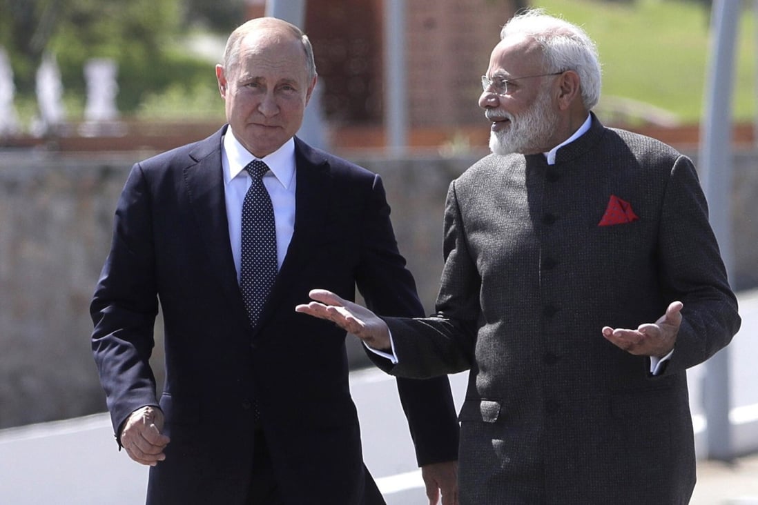 Russian President Vladimir Putin and Indian Prime Minister Narendra Modi. India has strengthened ties with its old ally despite its increasingly close relationship with the US. Photo: EPA-EFE