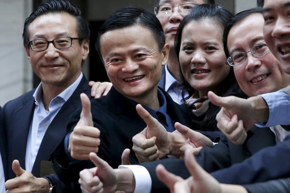 Alibaba Group Holding’ senior executives at the New York Stock Exchange for the company's initial public offering (IPO) on September 19, 2014. Co-founder and vice-chairman Joe Tsai (left), Jack Ma (centre) and then chief operating officer Daniel Zhang (right) are in the photo. Photo: Reuters