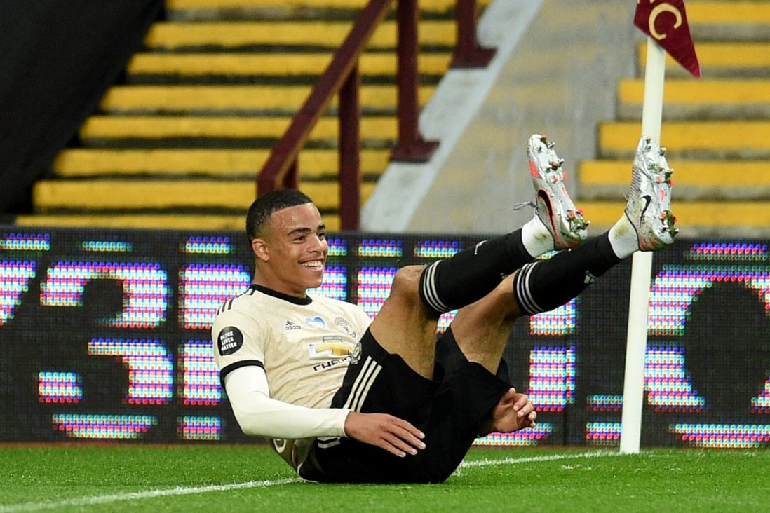 Manchester United’s Mason Greenwood celebrates scoring his side’s second goal against Aston Villa. Photo: DPA