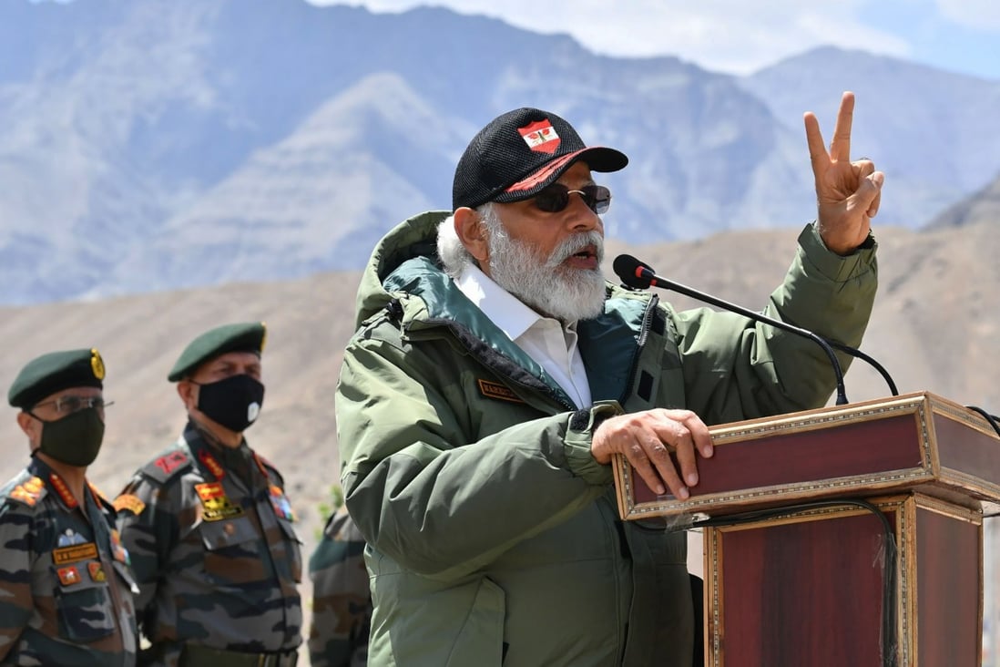 Indian Prime Minister Narendra Modi addresses soldiers during a visit to Ladakh near the border with China earlier this month. Photo: AP