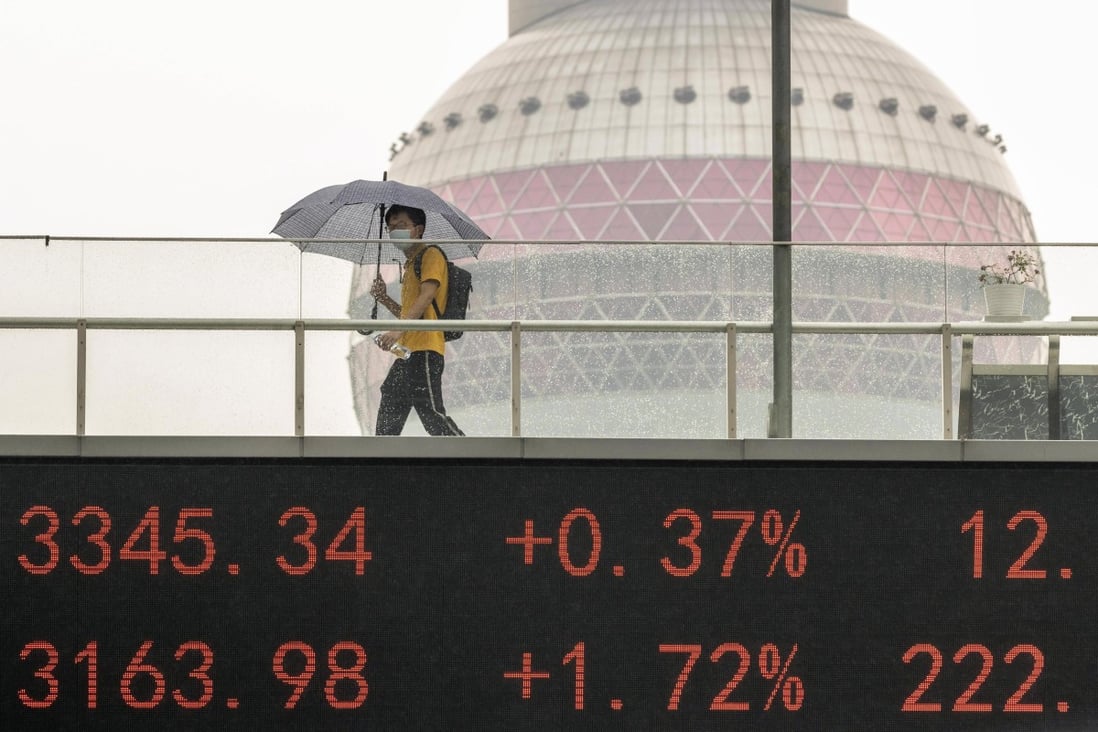 A pedestrian bridge that features a monitor for stock exchange prices in Shanghai. Photo: EPA