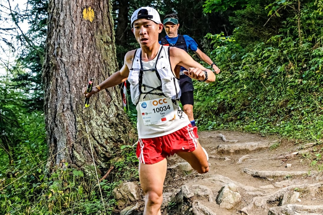 Luo Tao flies downhill at the OCC, during the Ultra Trail du Mont Blanc week. Photo: UTMB