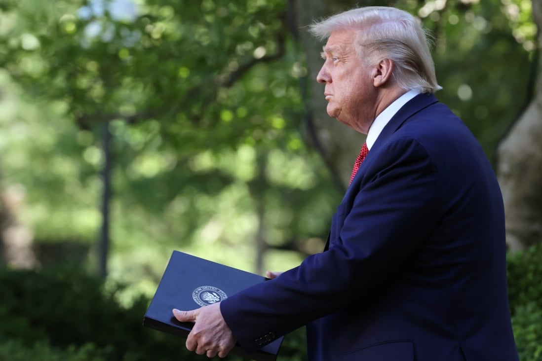 US President Donald Trump arriving at the news conference Tuesday in the Rose Garden at the White House, at which he announced new measures against China over its actions against Hong Kong. Photo: Reuters