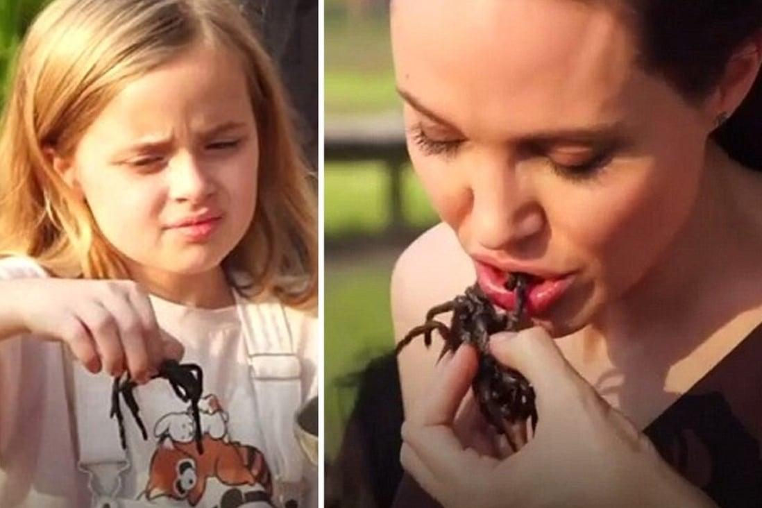 Eat up your bugs, kids, or no ice cream – Angelina Jolie taught her kids how to love crickets and spiders. Photo: YouTube