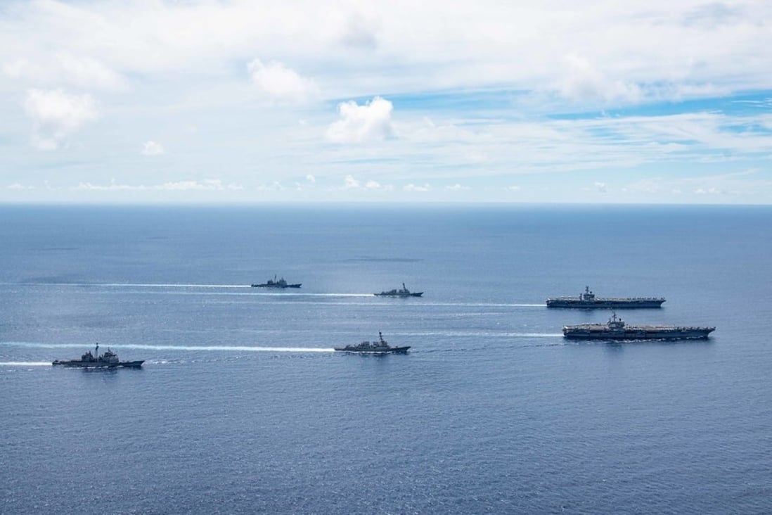 The US Navy said two of its aircraft carrier strike groups carried out dual exercises in the South China Sea to boost their combat readiness. Photo: US Navy