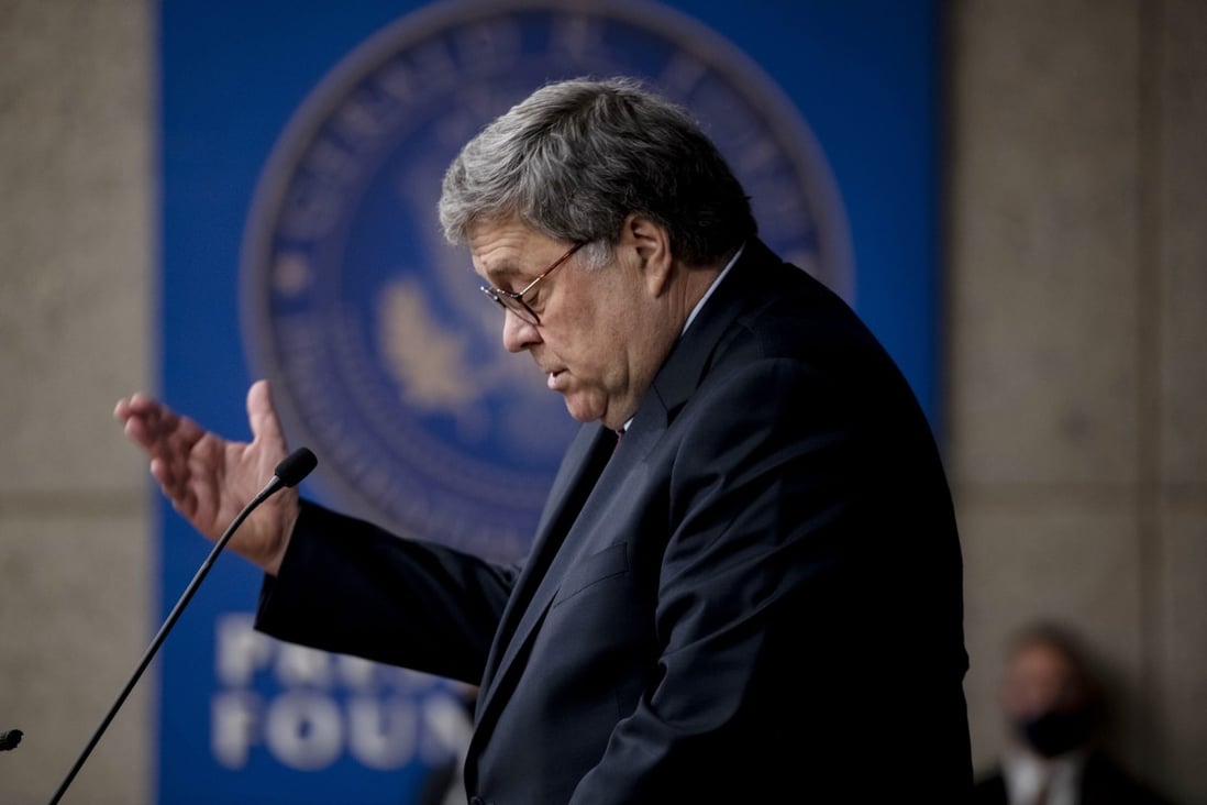US Attorney General William Barr speaks at the Gerald R. Ford Presidential Museum in Grand Rapids, Michigan on Thursday. Photo: Mlive.com/Ann Arbor News via AP
