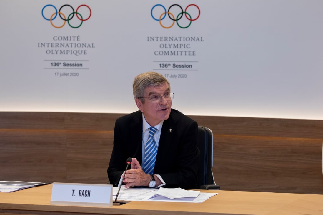 IOC president Thomas Bach hosts the first ever remote IOC session in Lausanne, Switzerland, on Friday. Photo: Reuters