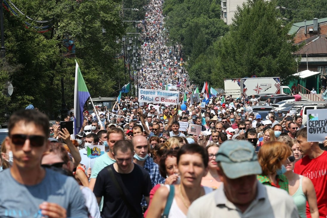 Russians take part in a rally in Khabarovsk in support of arrested regional governor Sergei Furgal, who is accused of organising the murder of several entrepreneurs 15 years ago. Photo: Reuters