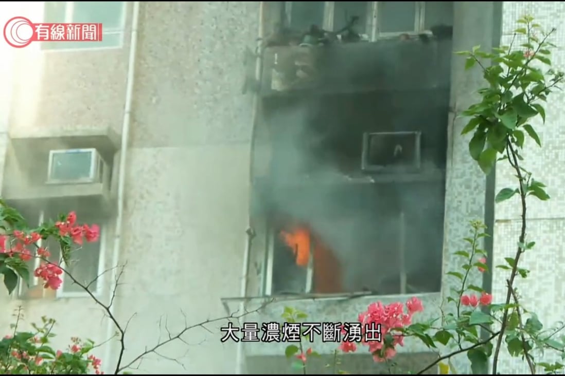 A screen capture from Cable TV News shows the burning flat.