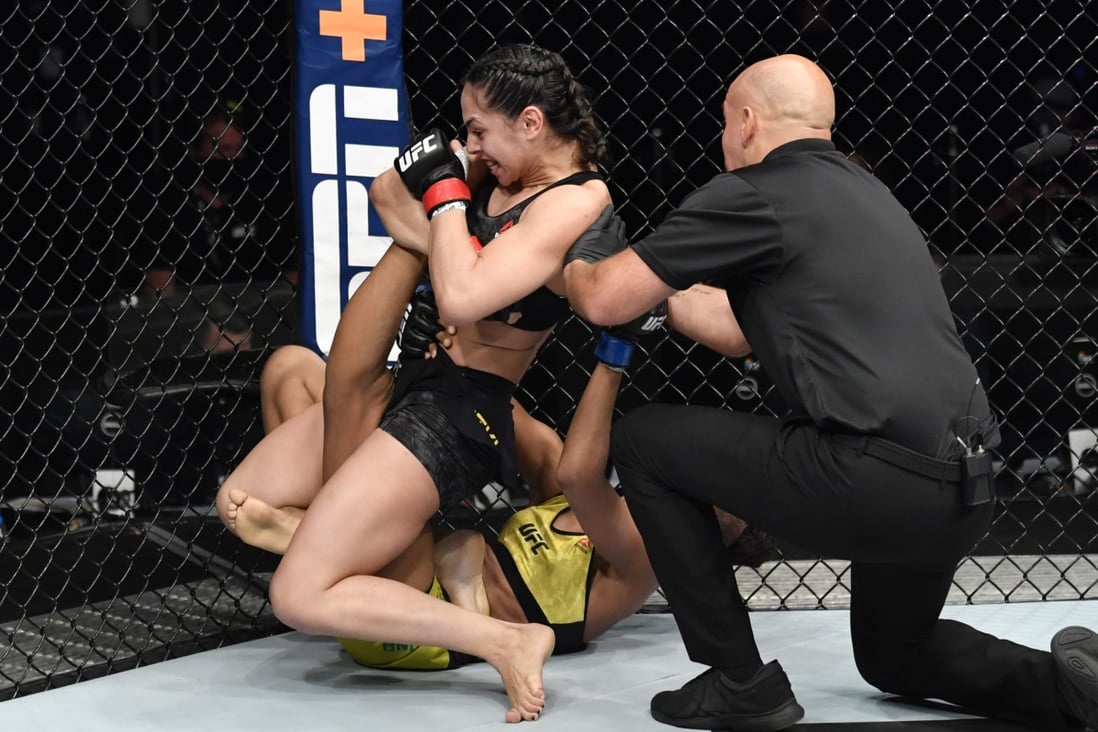 Ariane Lipski secures a knee bar submission against Luana Carolina in their flyweight bout inside Flash Forum on UFC Fight Island in Abu Dhabi. Photos: Jeff Bottari/Zuffa LLC via Getty Images