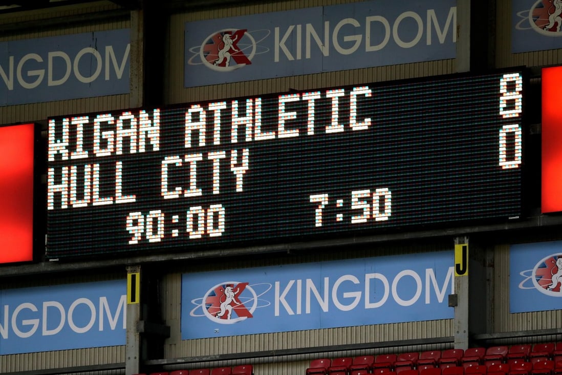 The scoreboard at the end of the EFL Championship match between Wigan Athletic and Hull City at DW Stadium. Photo: DPA