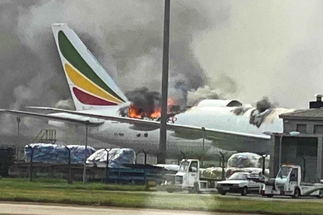 Flames and smoke rise from the stricken Ethiopian Airlines Boeing 777. Photo: Handout