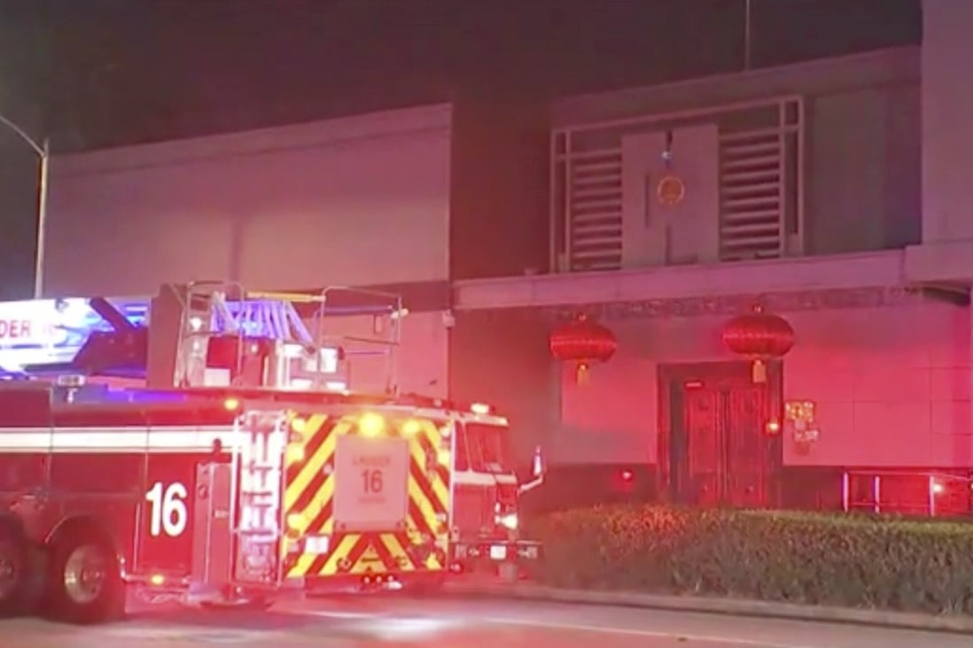 In this image made from video, a fire engine is seen outside the Chinese consulate in Houston on Tuesday, July 21, 2020. Media reports in Houston said that authorities had responded to reports of a fire at the consulate. Witnesses said that people were burning paper in what appeared to be trash cans, the Houston Chronicle reported, citing police. Photo: KTRK via Associated Press