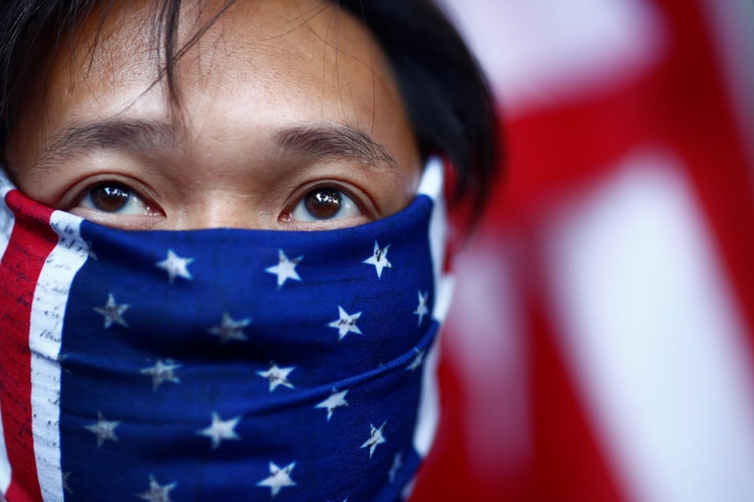 A protester wearing a US flag over his face attends a “March of Gratitude to the US” event in Hong Kong in December last year. Photo: Reuters
