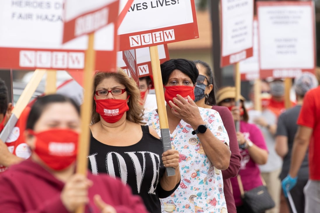 Hospital workers protest in Westminister, California, on Wednesday, demanding measures to protect them and their patients from coronavirus infection. Photo: Reuters