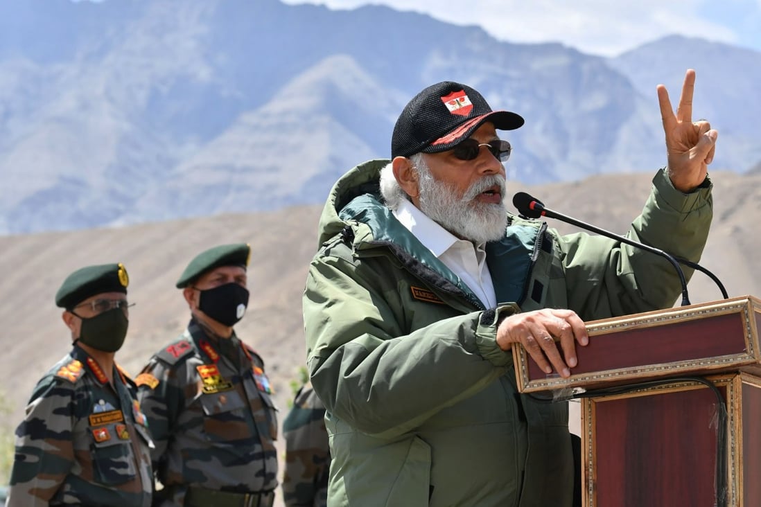 Indian Prime Minister Narendra Modi addresses soldiers during a visit to Ladakh after a deadly border clash between Indian and Chinese troops. Photo: AP
