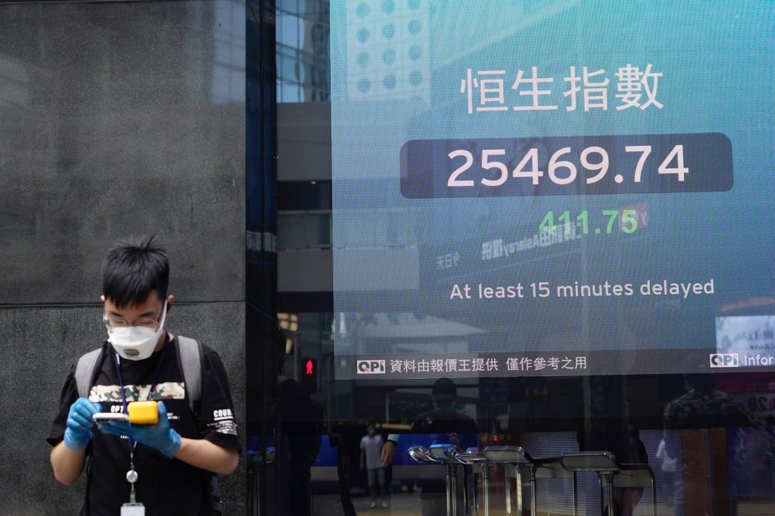 A man stands next to a bank’s electronic board showing the Hang Seng Index in Hong Kong on July 21. Markets’ forward-looking nature means they have been able to move well ahead of the real economy to price in an expected recovery in corporate profits. But are they right? Photo: AP