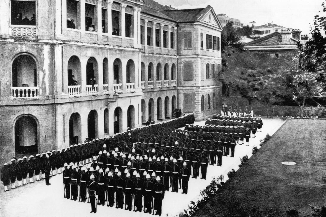 Colonial officers parade in front of Hong Kong’s Victoria Prison complex in this undated image.