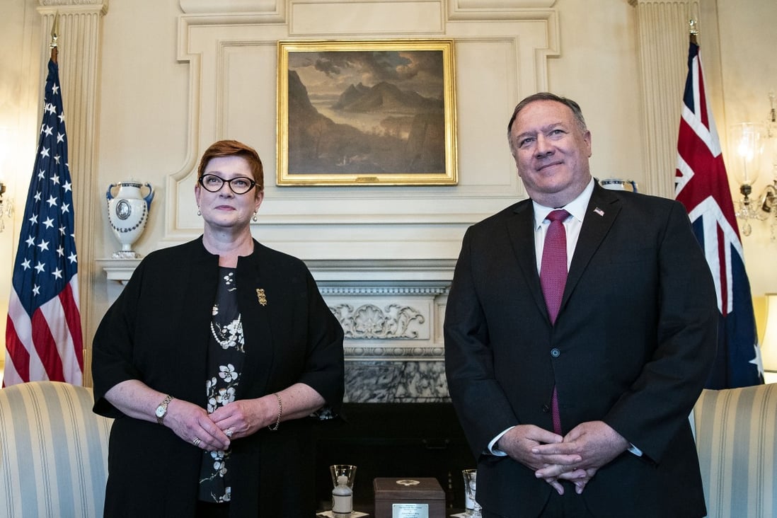 Australia’s Foreign Minister Marise Payne and US Secretary of State Mike Pompeo at the State Department in Washington on July 27, 2020. Photo: Pool via AP