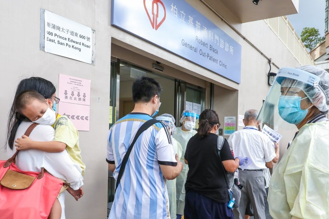Hong Kong residents line up for coronavirus testing at the Robert Black General Outpatient Clinic in San Po Kong on Monday. Photo: Nora Tam