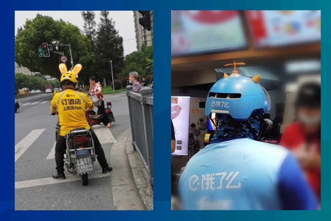 Chinese netizens share photos of Meituan Dianping (left) and Ele.me (right) drivers at work in July 2020. Photo: Weibo
