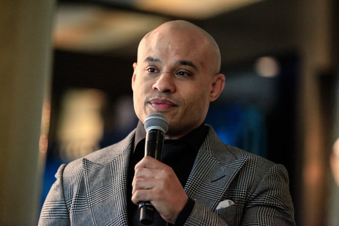 Dominance MMA Management CEO Ali Abdelaziz speaks in front of his roster of fighters at a media day in Las Vegas. Photo: Amy Kaplan
