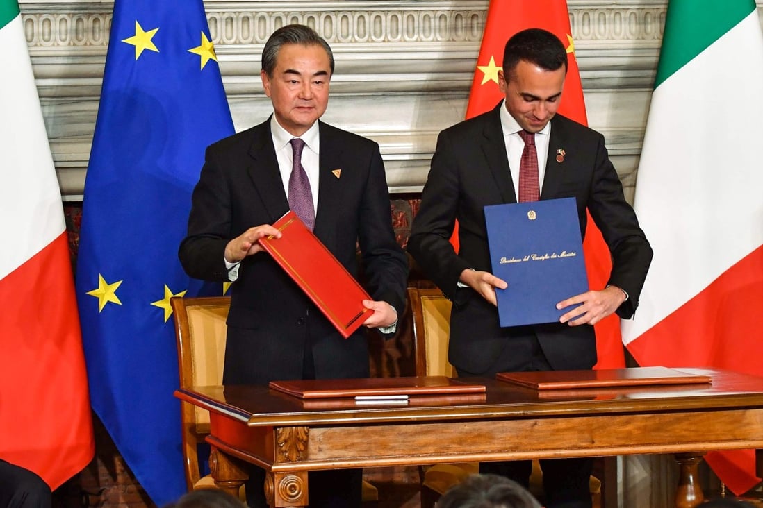 Chinese Foreign Minister Wang Yi and Luigi Di Maio, now Italy’s foreign minister, are pictured in Rome in March 2019. During their video conference on Wednesday, China urged Italy to “uphold an objective, fair and positive attitude in handling relations with China”. Photo: AFP