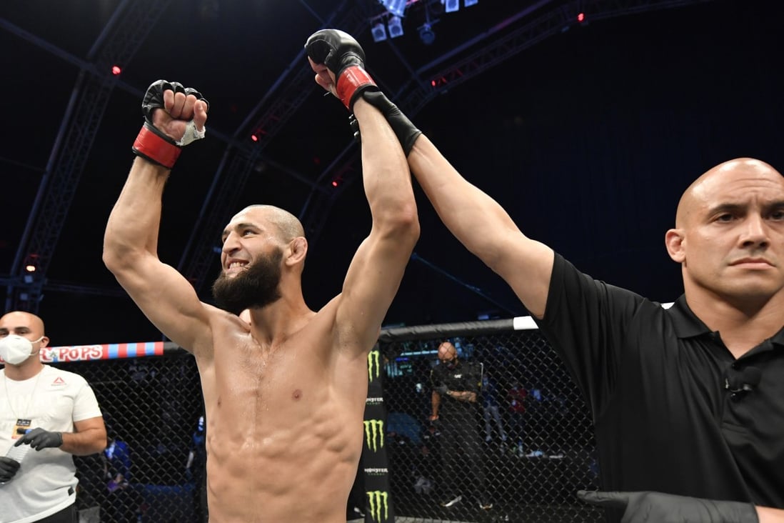 Khamzat Chimaev celebrates after his TKO victory over Rhys McKee in their welterweight bout during the UFC Fight Night event inside Flash Forum on UFC Fight Island. Photo: Jeff Bottari/Zuffa LLC via USA TODAY Sports